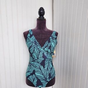 $60 NWT NOON SWIM Women's  Halter 1 Piece Swimming Suit Green Leaf V- NECK Sz 18